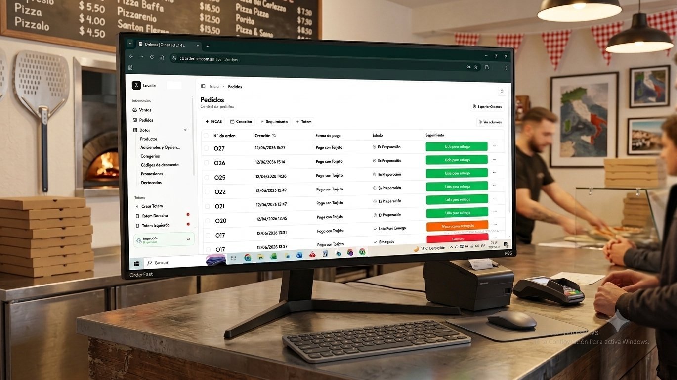 Administrador web de OrderFast mostrando el panel de pedidos en tiempo real